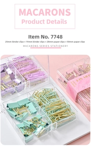 Detail view of macaron colored binder clips and paper clips in a four-grid storage box