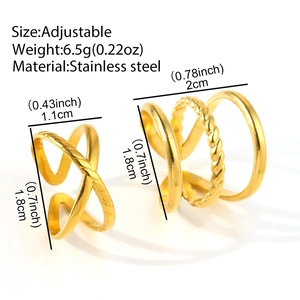 Golden stainless steel adjustable ring set with cross X design and triple-layer twisted bands