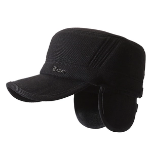 Winter flat top hat for men featuring warm ear flaps and a metal Sport logo in black
