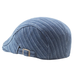 Retro oversized navy denim flat cap with adjustable metal side buckle and stripe texture