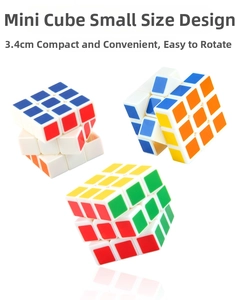 Three 3.4cm mini puzzle cubes with smooth white base and classic colors on white background