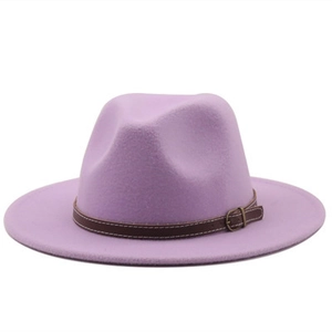 Detailed view of lavender wool fedora hat with a slim brown leather strap and buckle