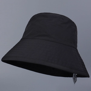 Detail of wide brim sun hat featuring reinforced parallel stitching on black fabric