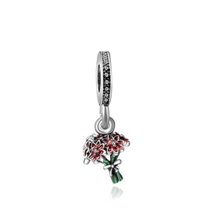 Silver alloy red flower bouquet charm pendant with green enamel bow and link