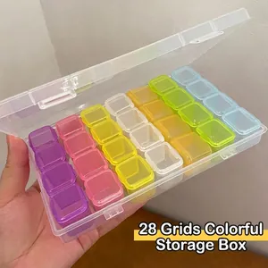 Detailed view of a 28-slot colorful storage box with semi-transparent PP plastic compartments