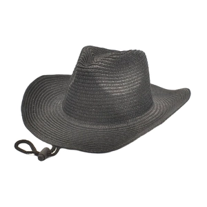 Detail of black straw cowboy hat showing tight weave texture and adjustable chin strap