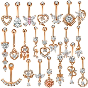 Stainless Steel Rhinestone Belly Ring Rose Gold Navel Piercing Jewelry For Women Butterfly Heart Flower Star Moon Navel Stud