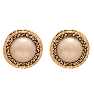Vintage gold and silver round stud earrings with a central champagne pearl accent