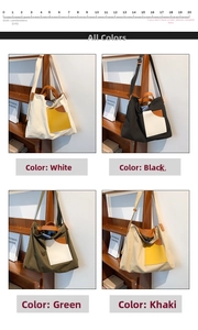 Collage of canvas tote bags in white, black, green and khaki on wooden shelves