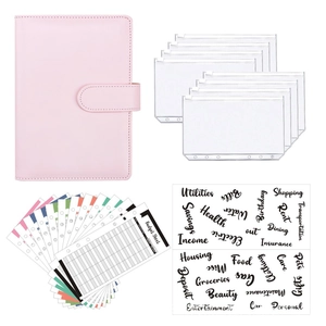 A6 Pink PU Leather Budget Binder Planner with Zipper Envelopes and Expense Sheets