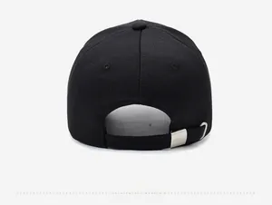 Detail view of black baseball cap back with adjustable silver metal buckle and strap