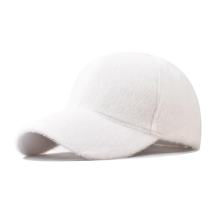 Solid white faux rabbit fur baseball cap with fluffy texture and stylish sun shade design