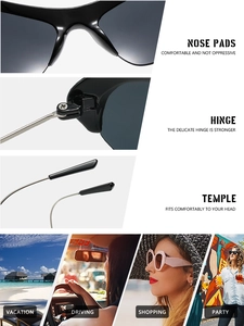 Detail view of Y2K sporty cat eye sunglasses with metal hinges and lifestyle scenarios