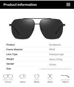 Detailed size specifications for polarized aviator sunglasses showing frame measurements