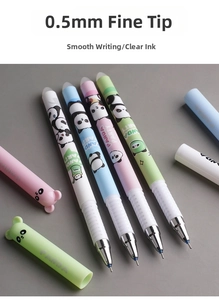 Close-up of 0.5mm needle tip panda erasable gel pens in macaron colors and illustrations