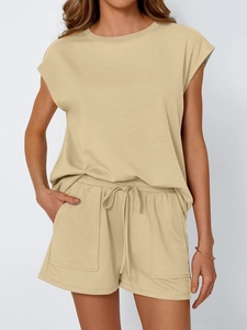 Front view of khaki two-piece set featuring round neck T-shirt and drawstring shorts