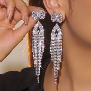 Bow Tassel Drop Earrings Alloy Rhinestone Zircon Long Claw Chain Micro Pave Luxury Jewelry For Women Wedding Party