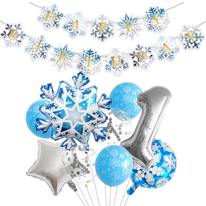 Blue and silver snowflake theme balloon set with Happy Birthday banner and foil star balloons