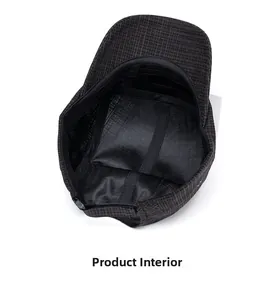 Internal view of plaid baseball cap showing black lining and adjustable buckle strap