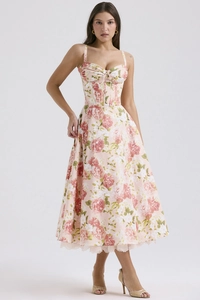 Detail view of pink rose floral dress with corset bodice and eyelash lace trim