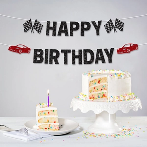 Racing car birthday banner with black glitter Happy Birthday letters and checkered flags