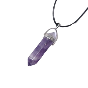 Amethyst hexagonal crystal pillar necklace with silver pendant clasp and black cord strap