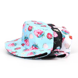 Outdoor digital strawberry print bucket hats in blue, black, and white colors