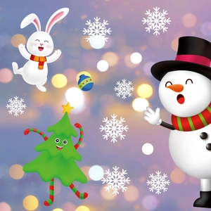 Christmas window decals with cute rabbit, snowman, and tree on a purple bokeh background