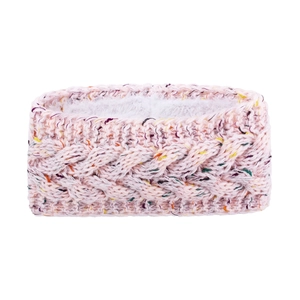 Close-up of pink cable knit headband with warm white fleece lining and colorful speckles