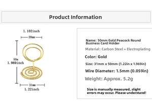 Detailed dimensions of gold peacock card holder made of carbon steel plating