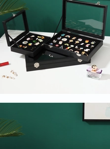 Black badge display box with transparent glass lid and velvet lining for pins