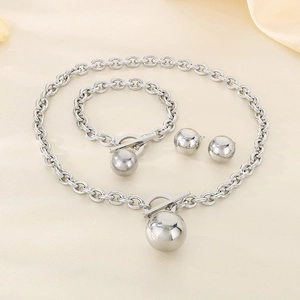 Three-piece titanium steel jewelry set with large silver spheres and OT toggle clasp