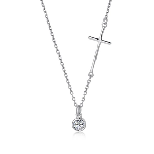Minimalist S925 sterling silver cross necklace with round clear stone pendant