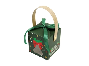 Deep green Christmas gift box with red ribbon bow and bell prints from 45 degree angle