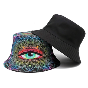 Set of black and colorful mandala eye print bucket hats for sun protection and outdoor sports