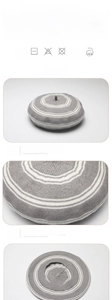 Close-up of grey striped knit wool beret showing soft fabric texture and washing instructions