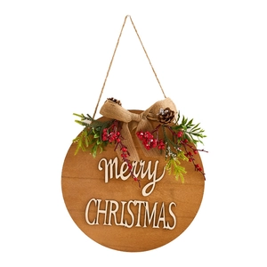 Wooden Merry Christmas door sign with pine needles, red berries and burlap bow
