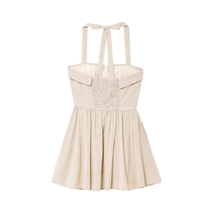 Halter neck plaid summer dress in beige with ruched back and tie-up neckline detail
