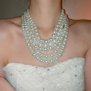 Close-up of multi-layer white pearl necklace with glossy finish on a model