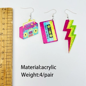 Neon glitter acrylic earrings set with retro radio, cassette tape, and lightning bolt shapes