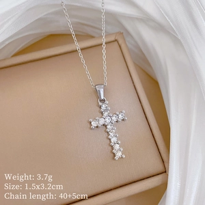 Silver stainless steel cross necklace with rhinestones including weight and size details