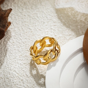 Macro view of wide 18K gold chain link ring showcasing its textured metallic luster