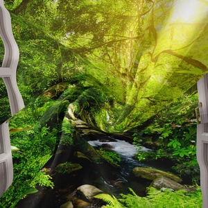 Detail of forest creek tapestry with realistic sunlight effect and soft fabric texture