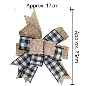 Christmas burlap bow with black and white plaid ribbon for wreaths, 17x25cm size