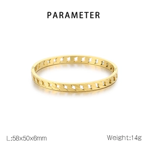 Detail view of golden stainless steel hollow bangle with side clasp and size dimensions