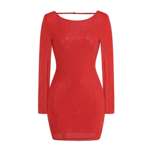 Close-up of red long sleeve dress featuring sparkling rhinestones and slim fit design