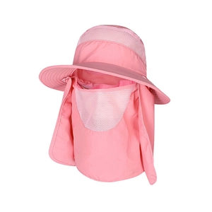 Pink sun hat detail showing breathable face mask and wide brim for UV protection