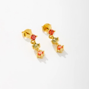 Elegant S925 sterling silver stud earrings with three colorful zircon stones on gold base