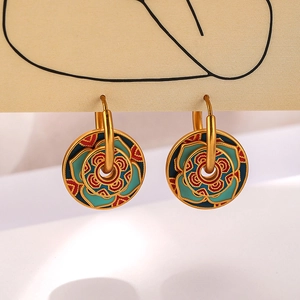 Vintage Chinese Style Enamel Lotus Flower Hoop Earrings Women Detachable Copper Retro Ethnic Jewelry