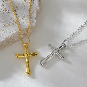 Minimalist S925 sterling silver cross necklaces with irregular lava texture in gold and silver
